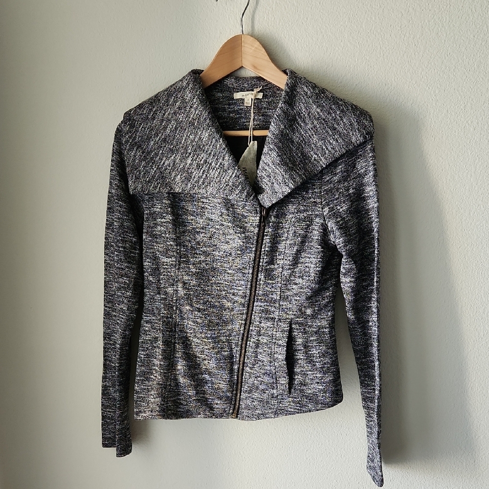 Mystree Textured Gray Knit Jacket Blazer Asymmetric Zip Drape Collar Sz S NWT